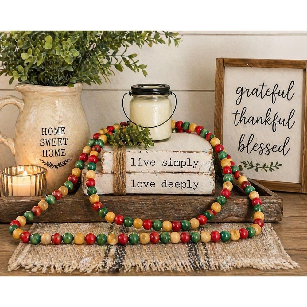 Wooden Bead Garland Set 2 Farmhouse Rustic Boho 105" Red Green Natural Vintage